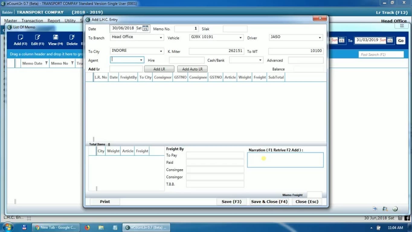 Create GST Invoice in eCount Transport Software